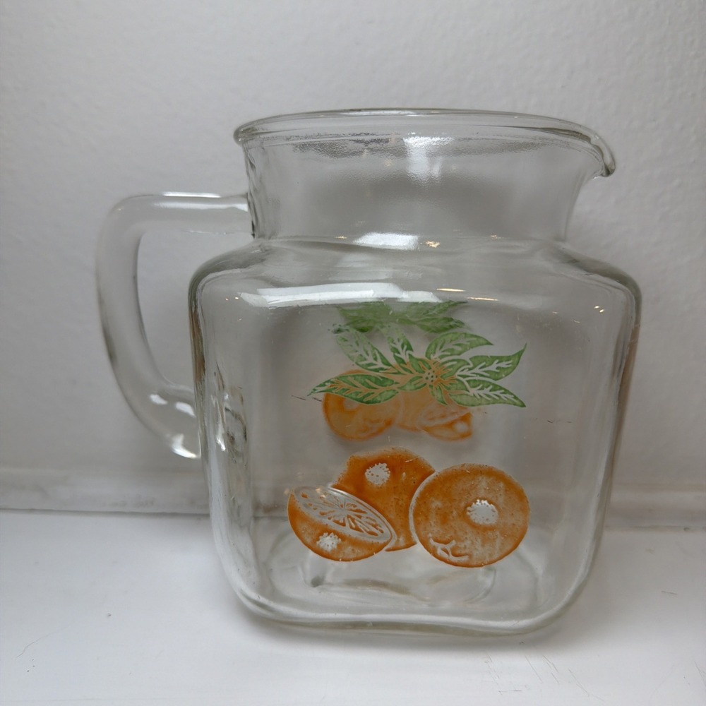 Federal Glass 1950s Square 1 Quart Juice Pitcher Star Base MCM Oranges Design